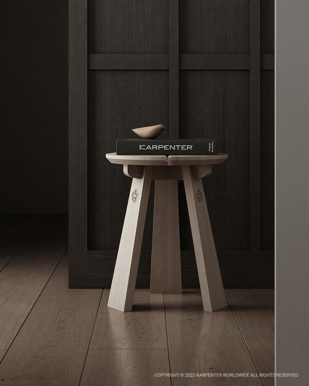 White ash stool with book and bowl