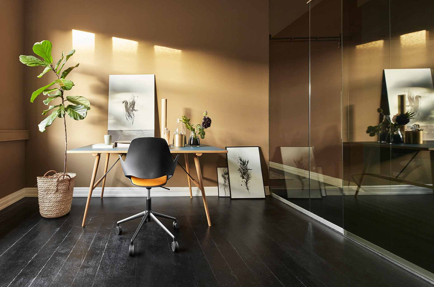 FALK chair with yellow seat, dark wood floor - HOUE