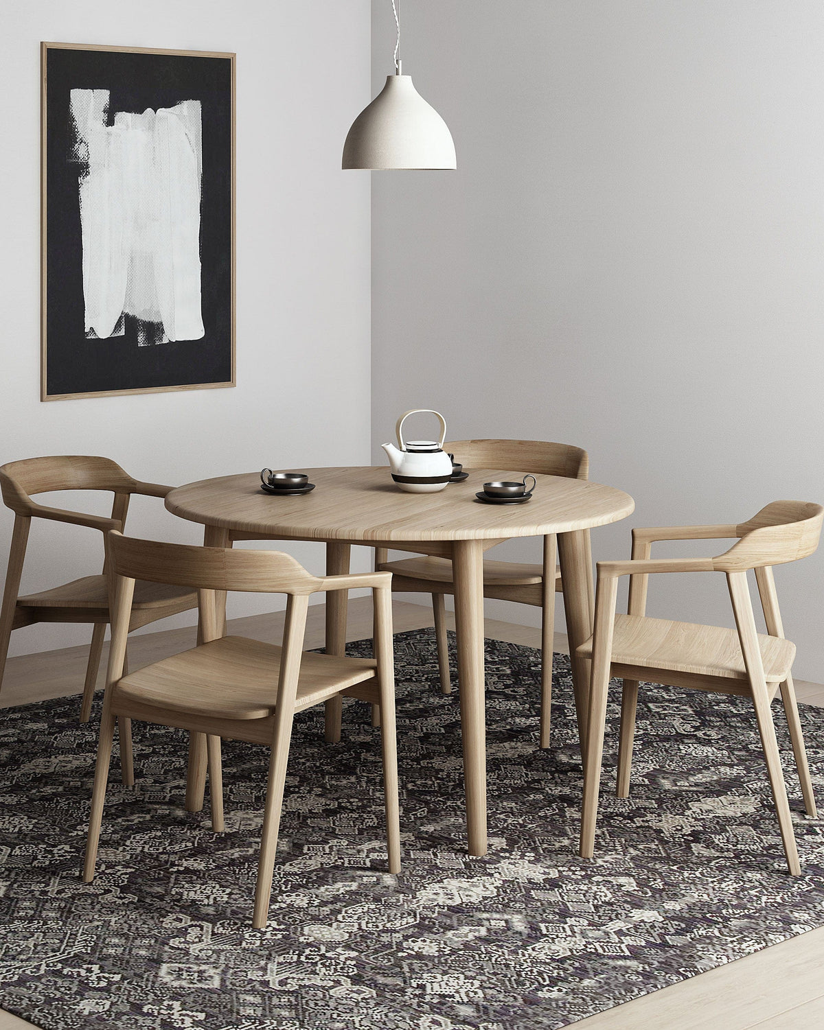 Round oak dining table set with armchairs