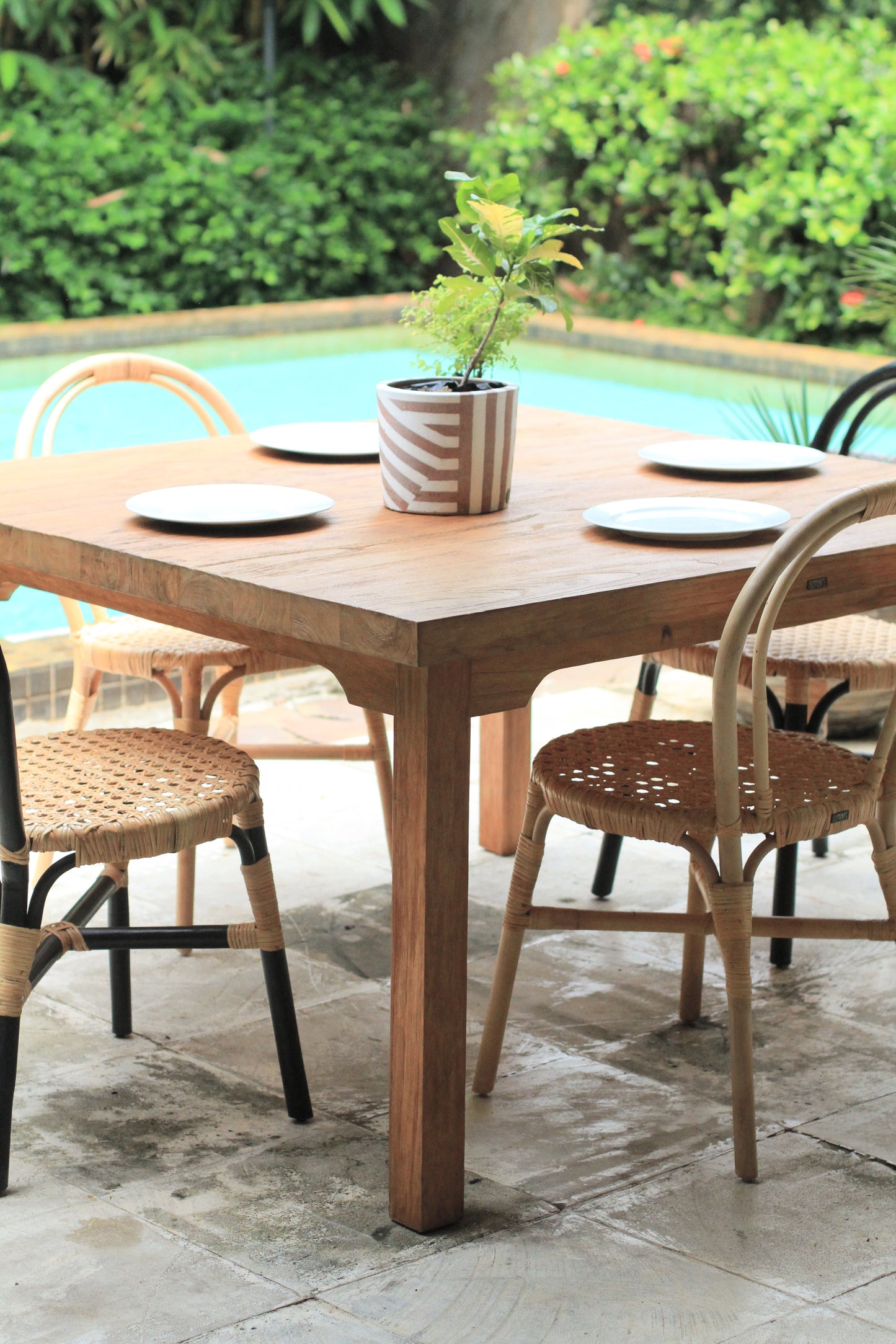 Wooden table set for four with chairs and plant.