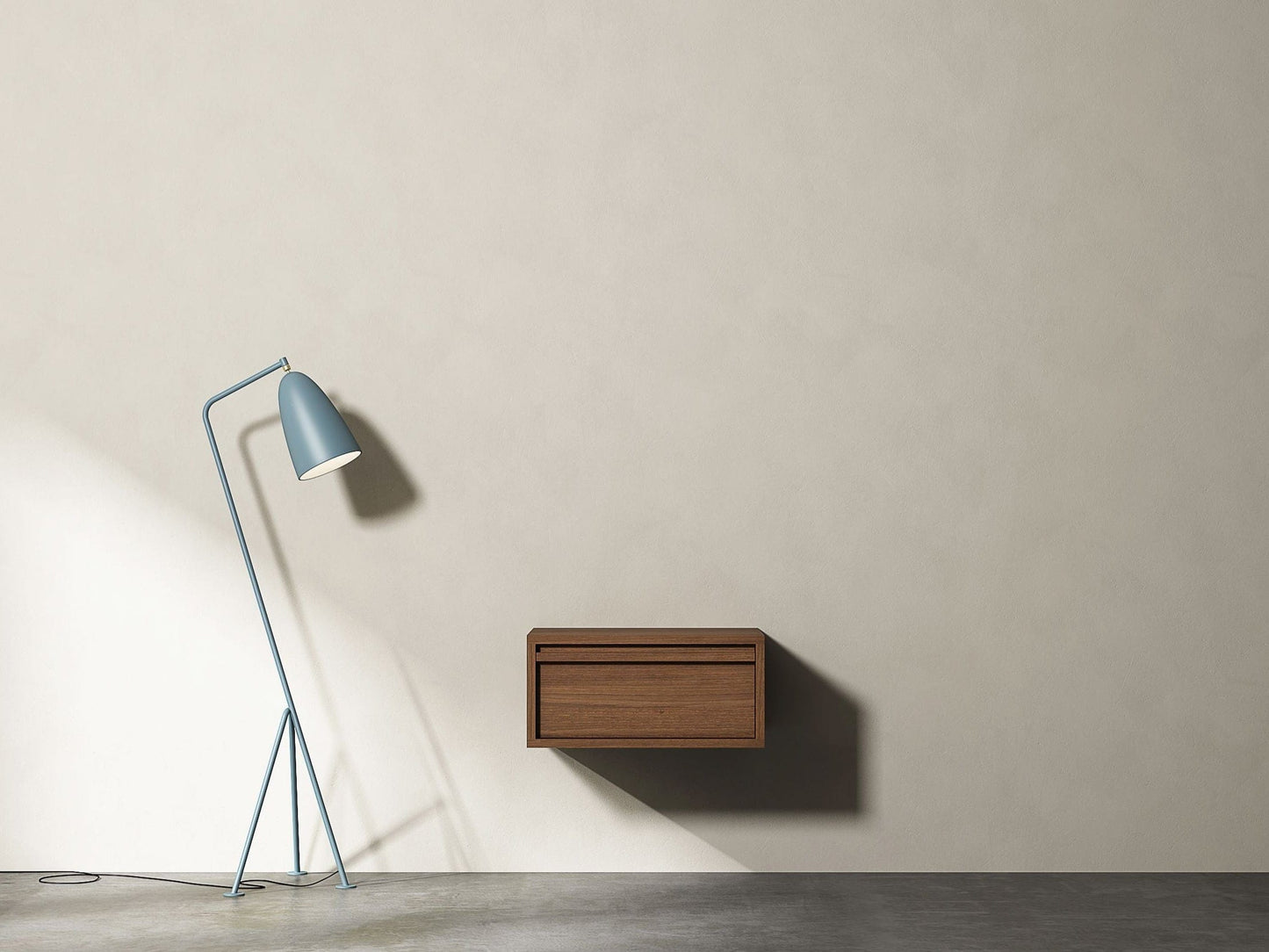 Blue floor lamp and wood wall cabinet against beige wall