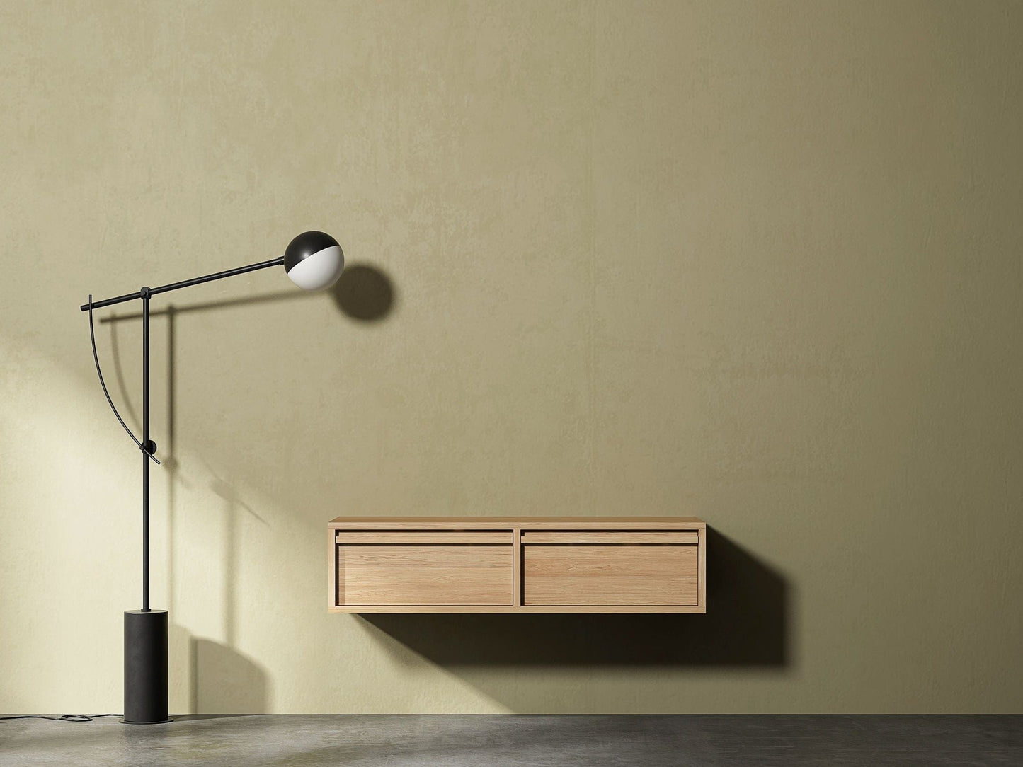 Modern lamp and wood cabinet against green wall