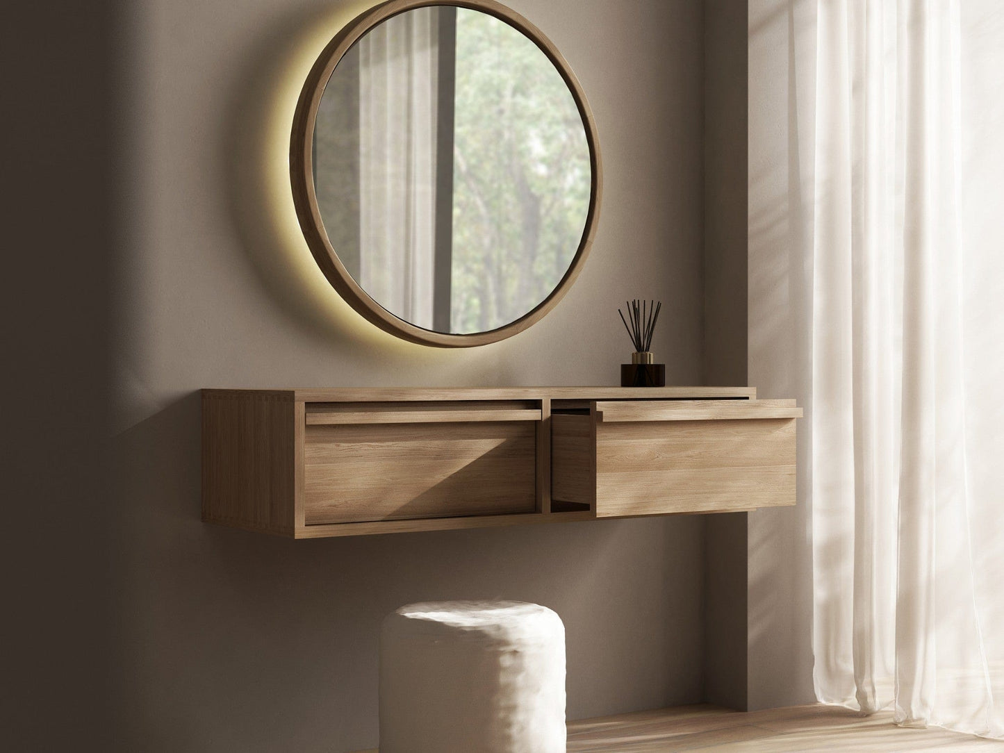 Modern vanity with open drawer, KAE02O-OPEN-DRAW1