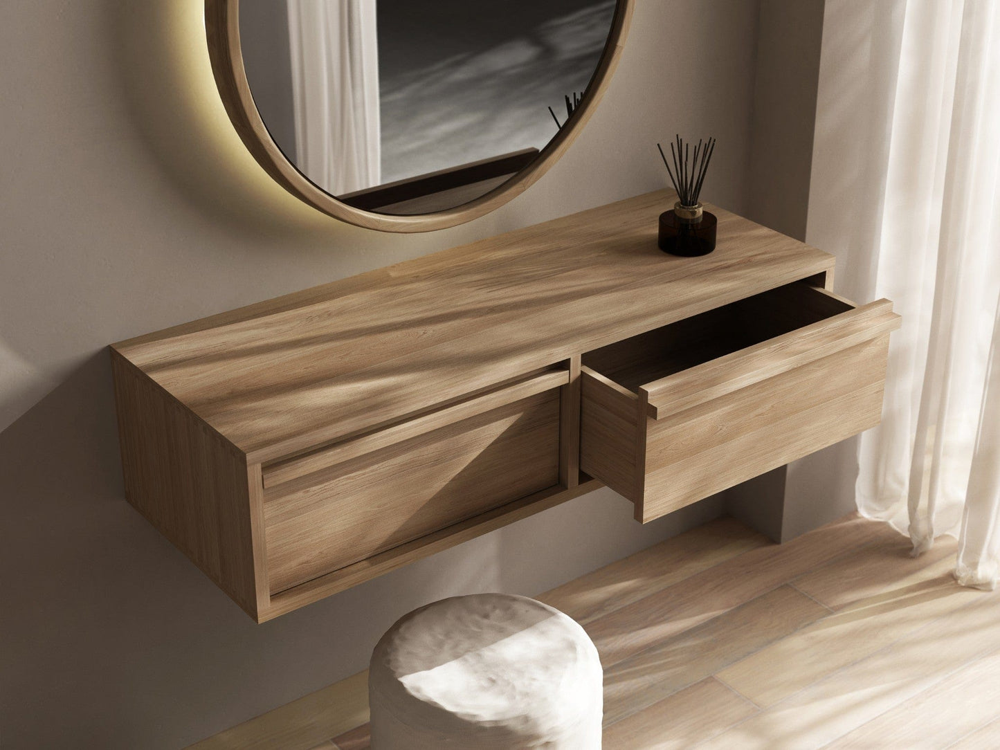 Open drawer of KAE02O-OPEN-DRAW2 vanity with mirror.