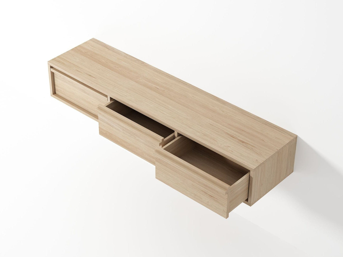 KAE03O-4 Oak floating media console with open drawers
