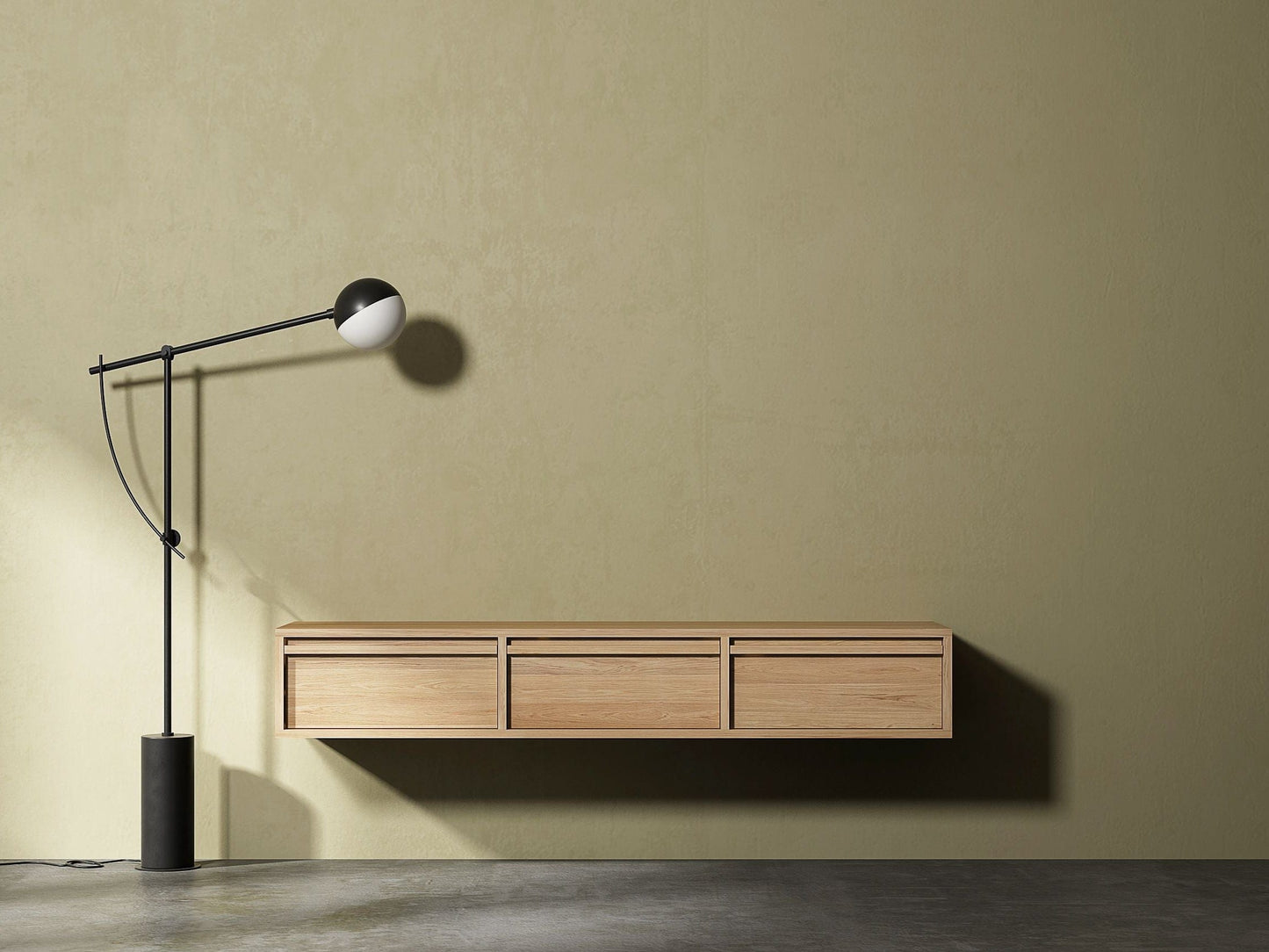 KAE03O-INSITU floating wooden cabinet with lamp against olive wall