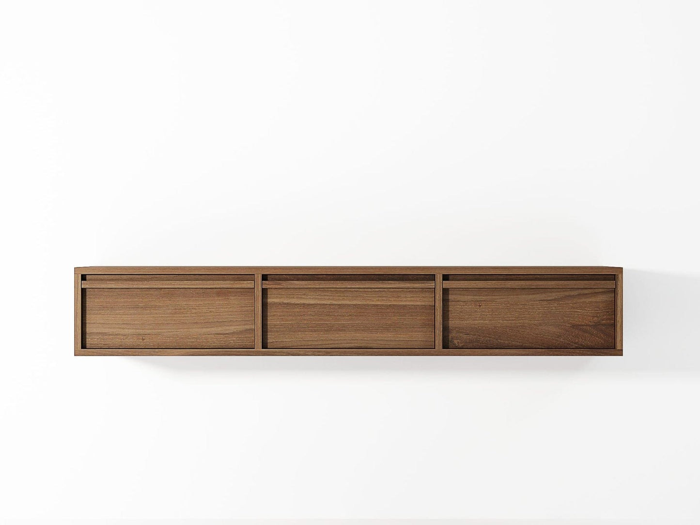 Modern floating wood shelf with three compartments