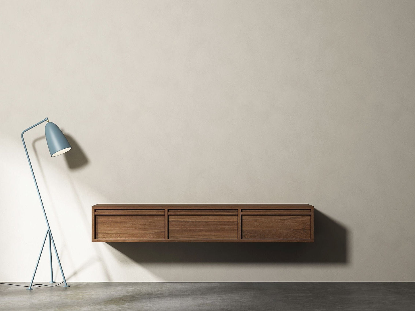 KAE03T-INSITU floating wooden cabinet with modern floor lamp