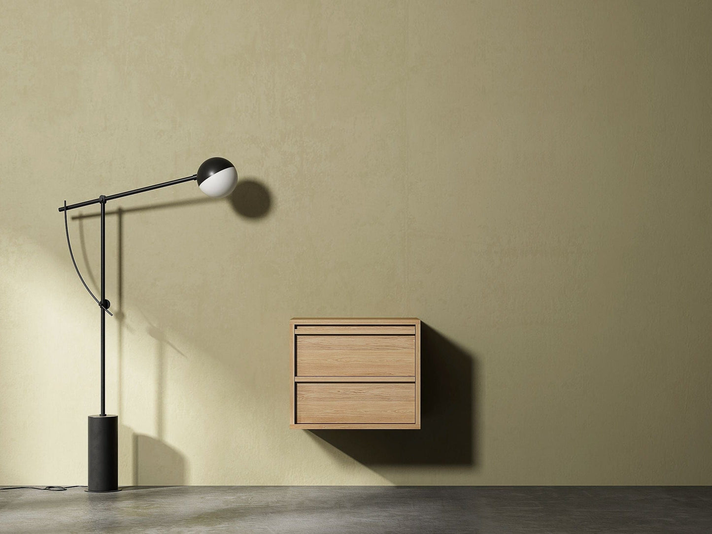 Modern lamp and floating wood nightstand against green wall