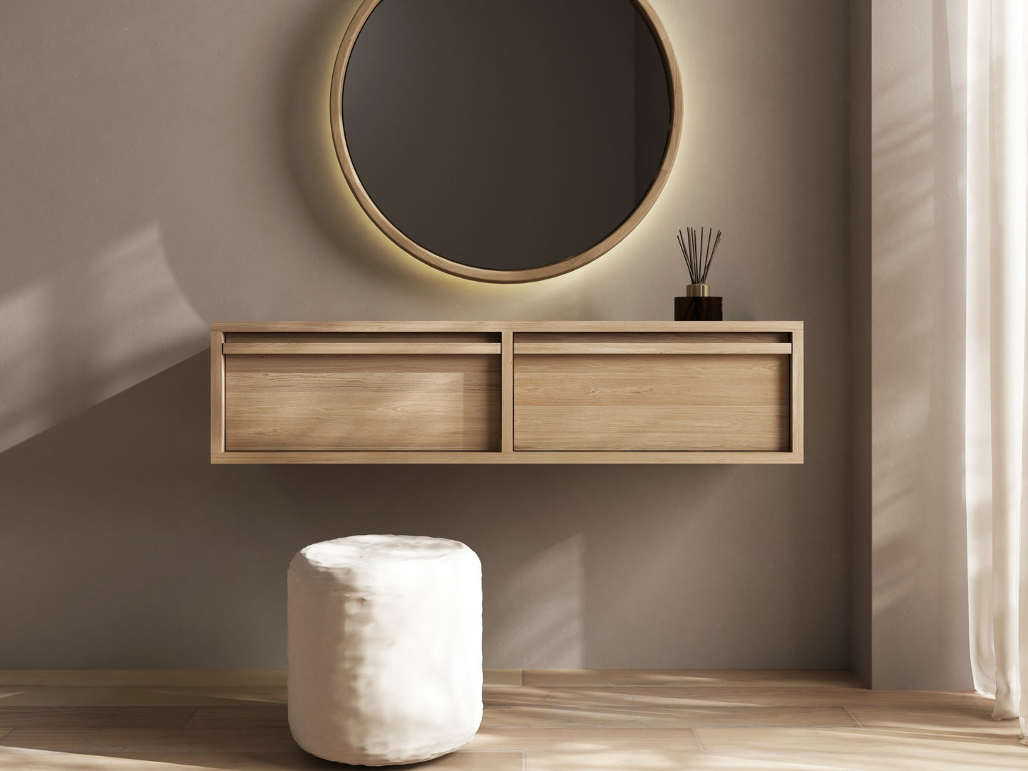 KAE05T vanity with round mirror and stool - front view