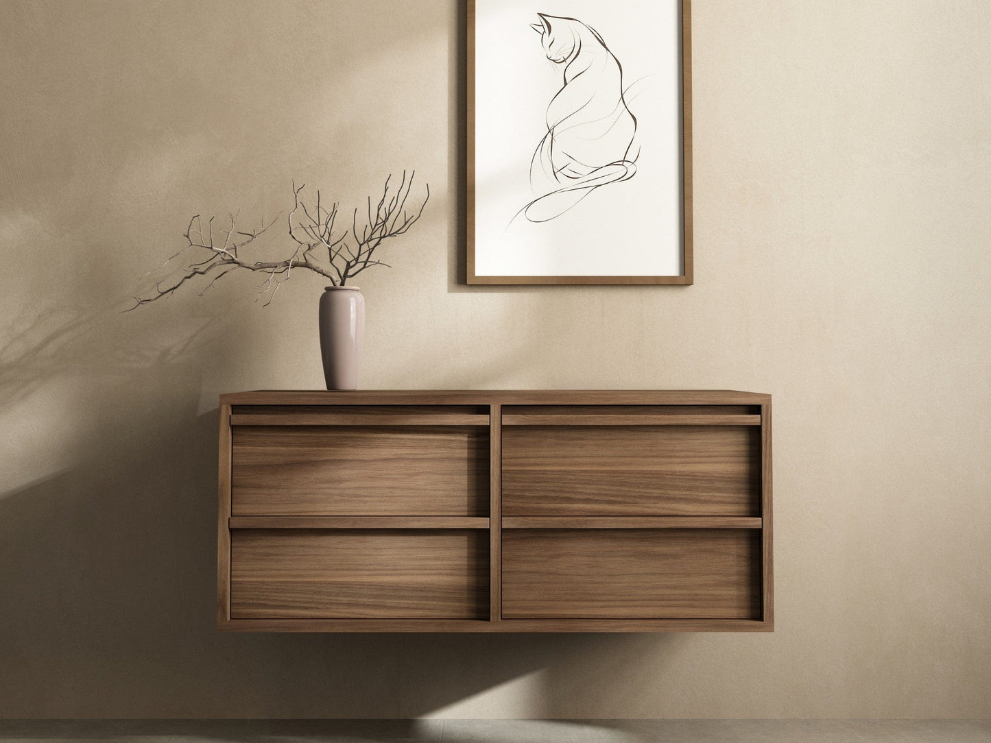 Modern wooden floating cabinet with artwork