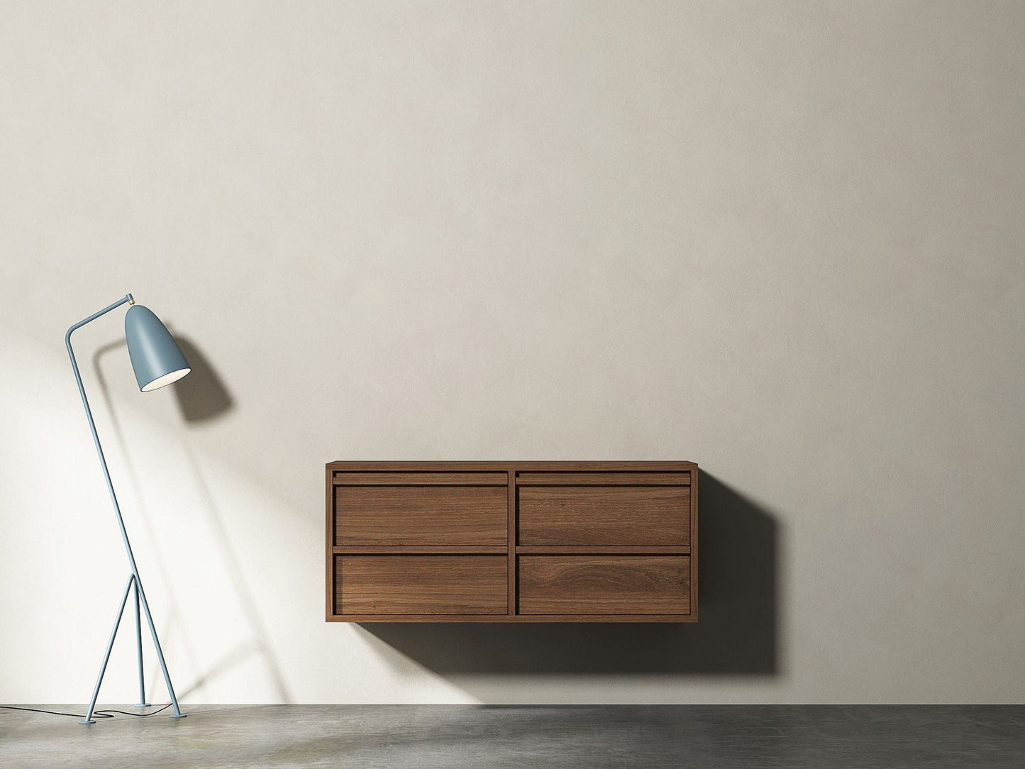 Floating wood cabinet with lamp