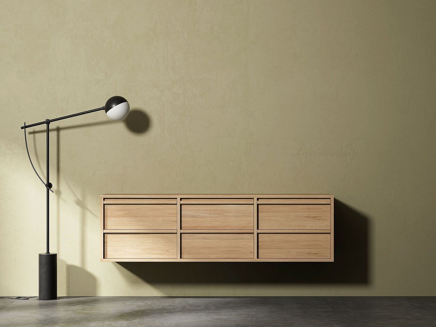 Modern floating wooden cabinet with floor lamp