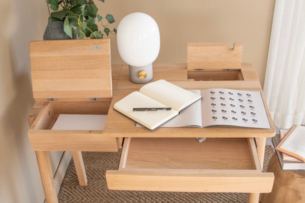 KCC01O_01 wooden desk with lamp, open book, and storage