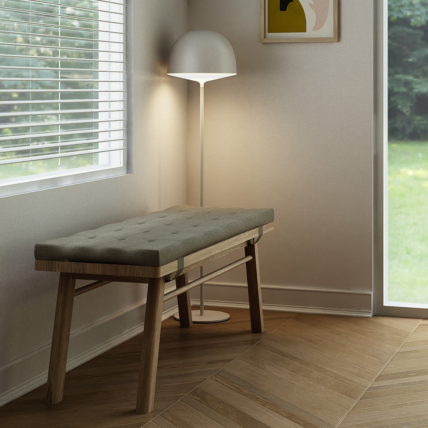Bench with cushion, floor lamp and window.