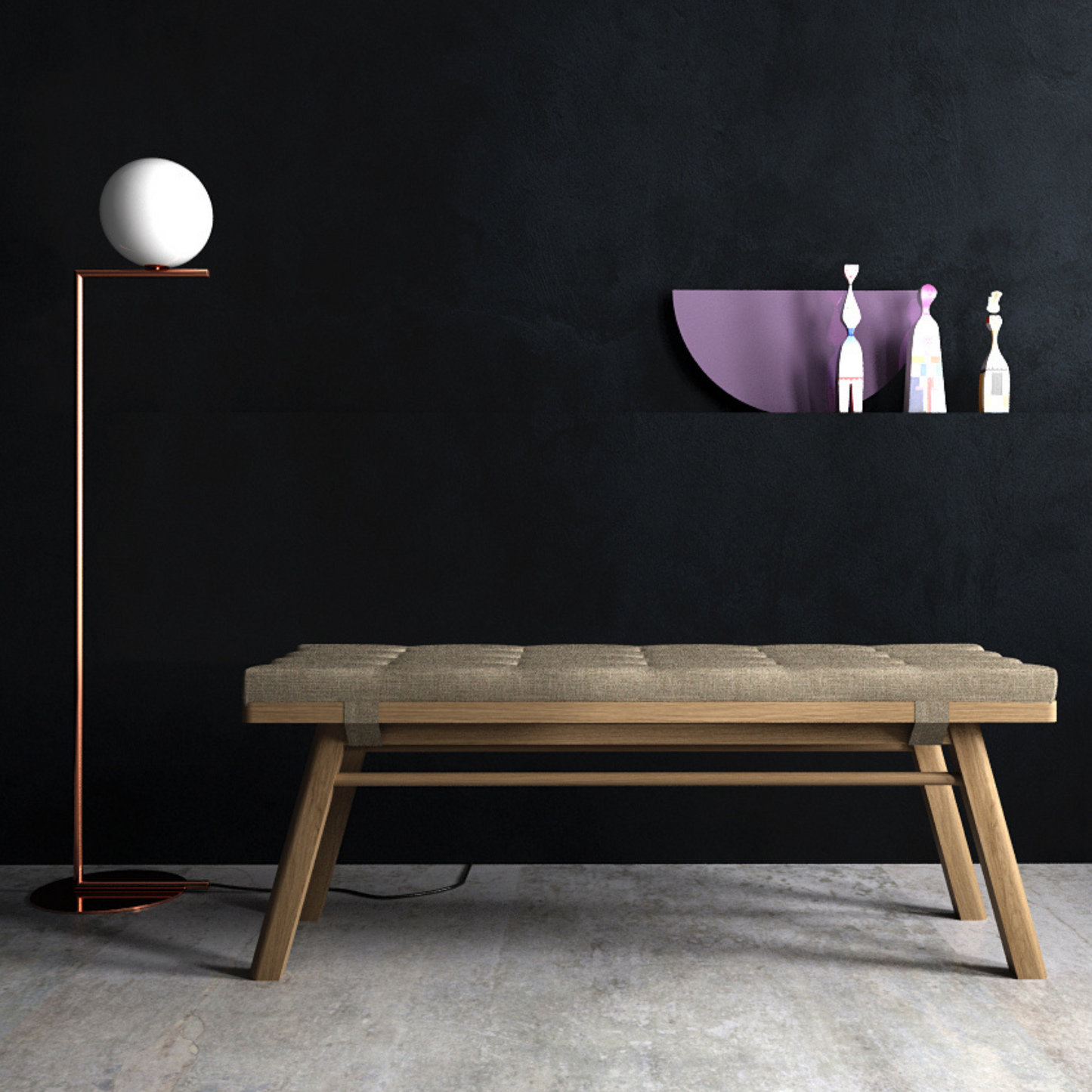Modern bench, floor lamp, and art on black wall