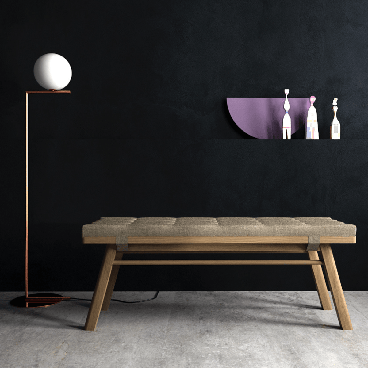Modern bench, floor lamp, and art on black wall