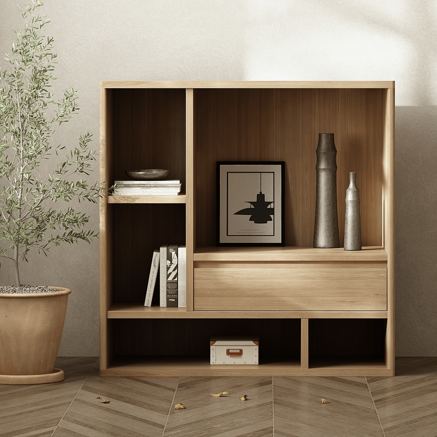 KCC09O wooden bookshelf with decor