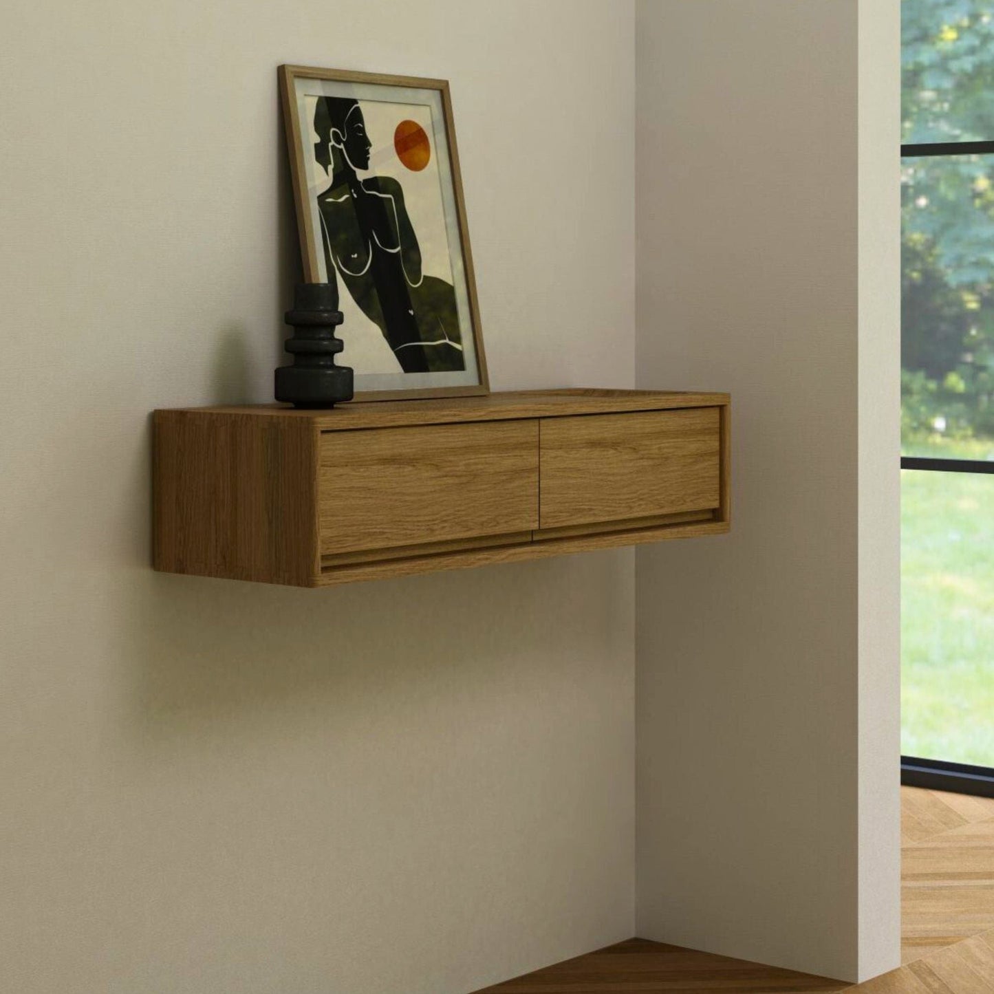 Floating wooden shelf with art, KCC15O-LIFESTYLE1