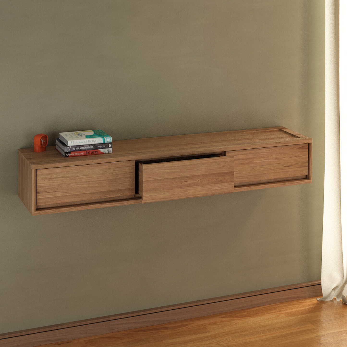Floating wooden shelf with drawers and books