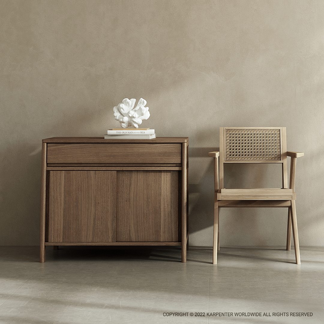 Wooden cabinet and chair in neutral interior