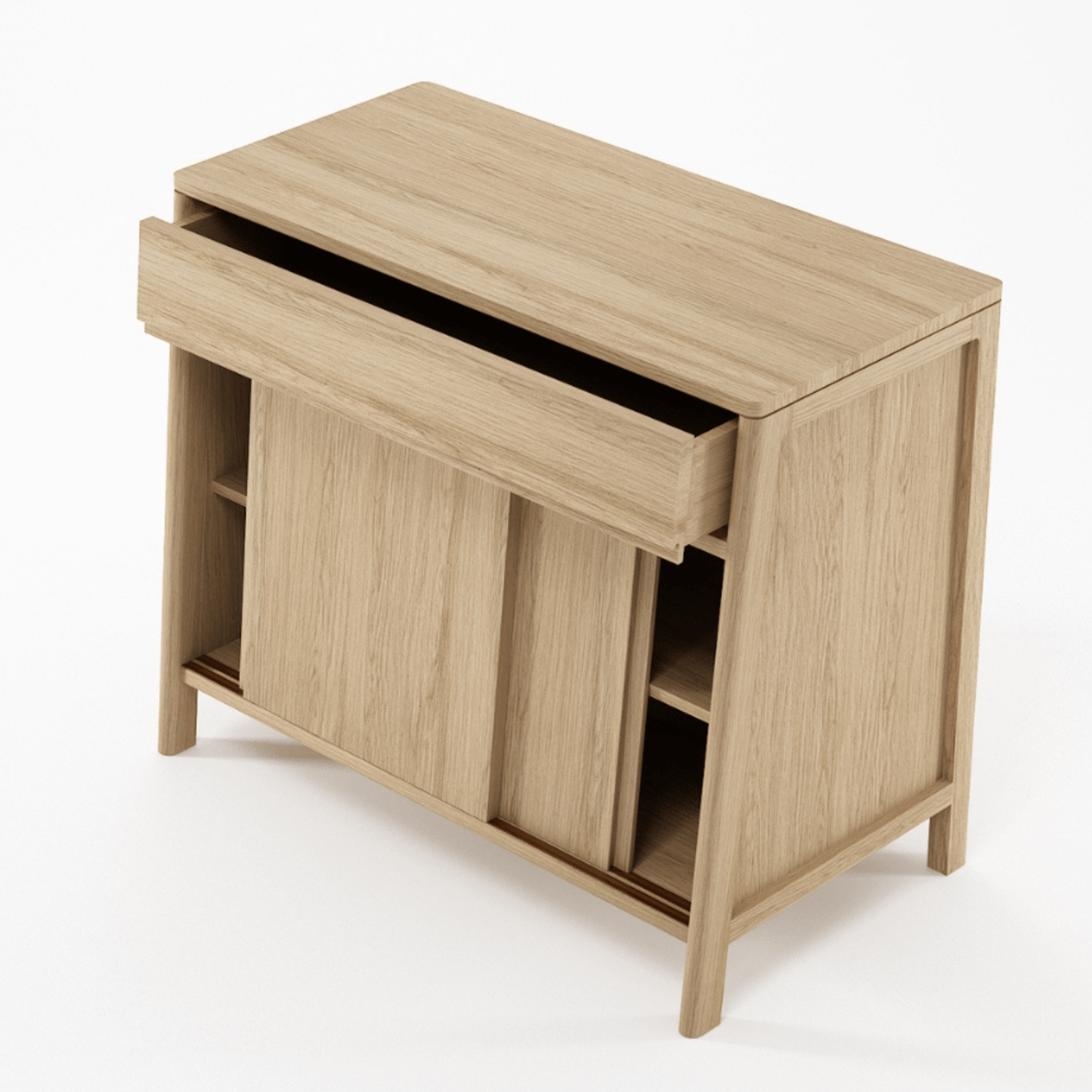 KCC19O wooden cabinet with sliding doors and open drawer