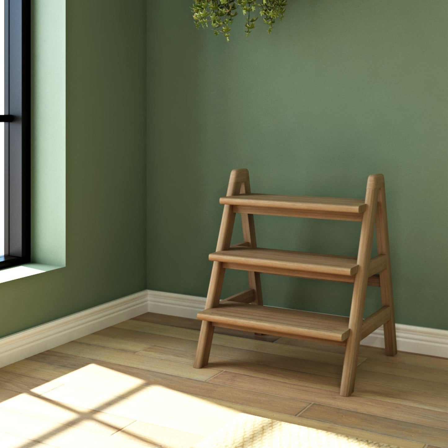 Wooden step shelf in a green room