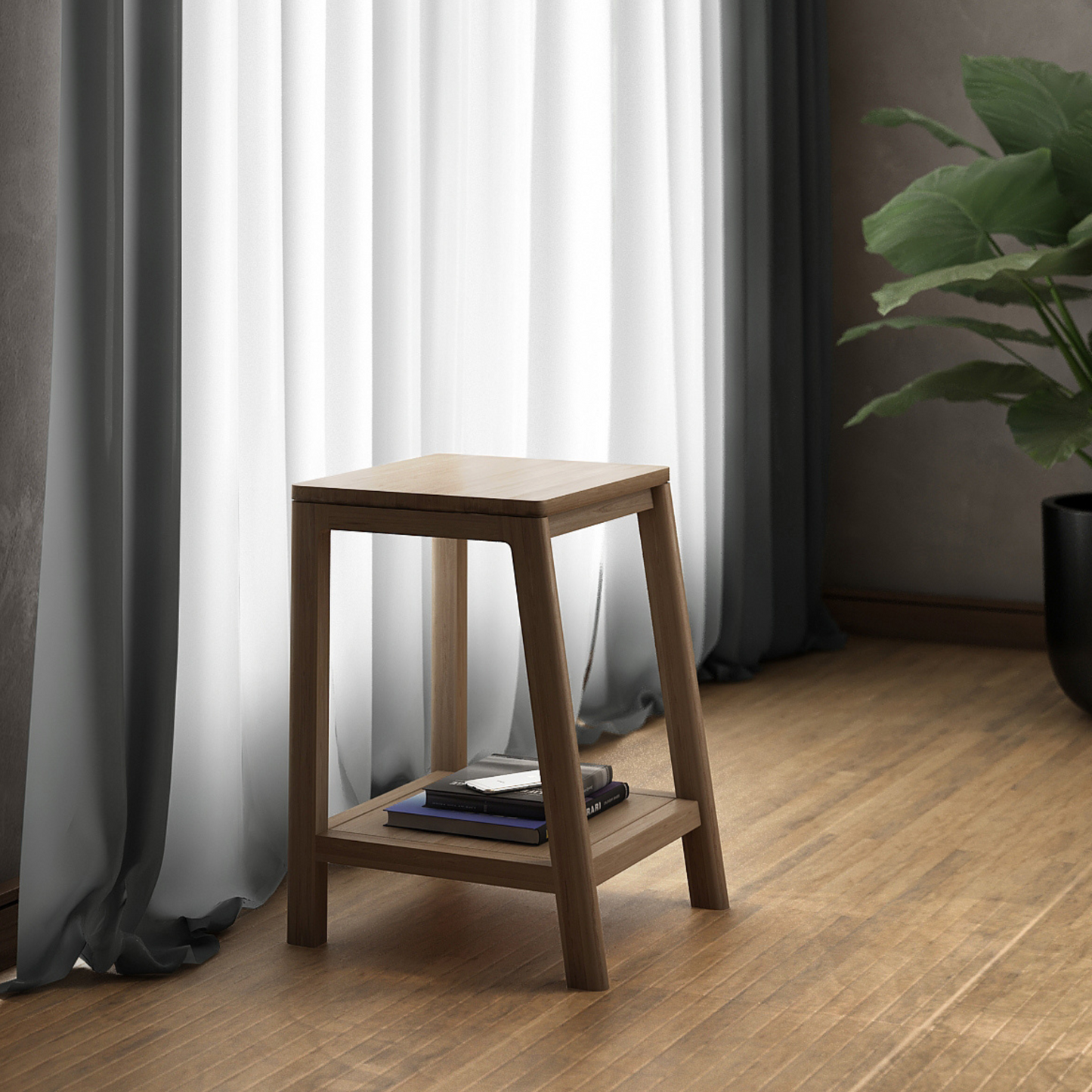 KCC24O wooden side table with books, near window and plant