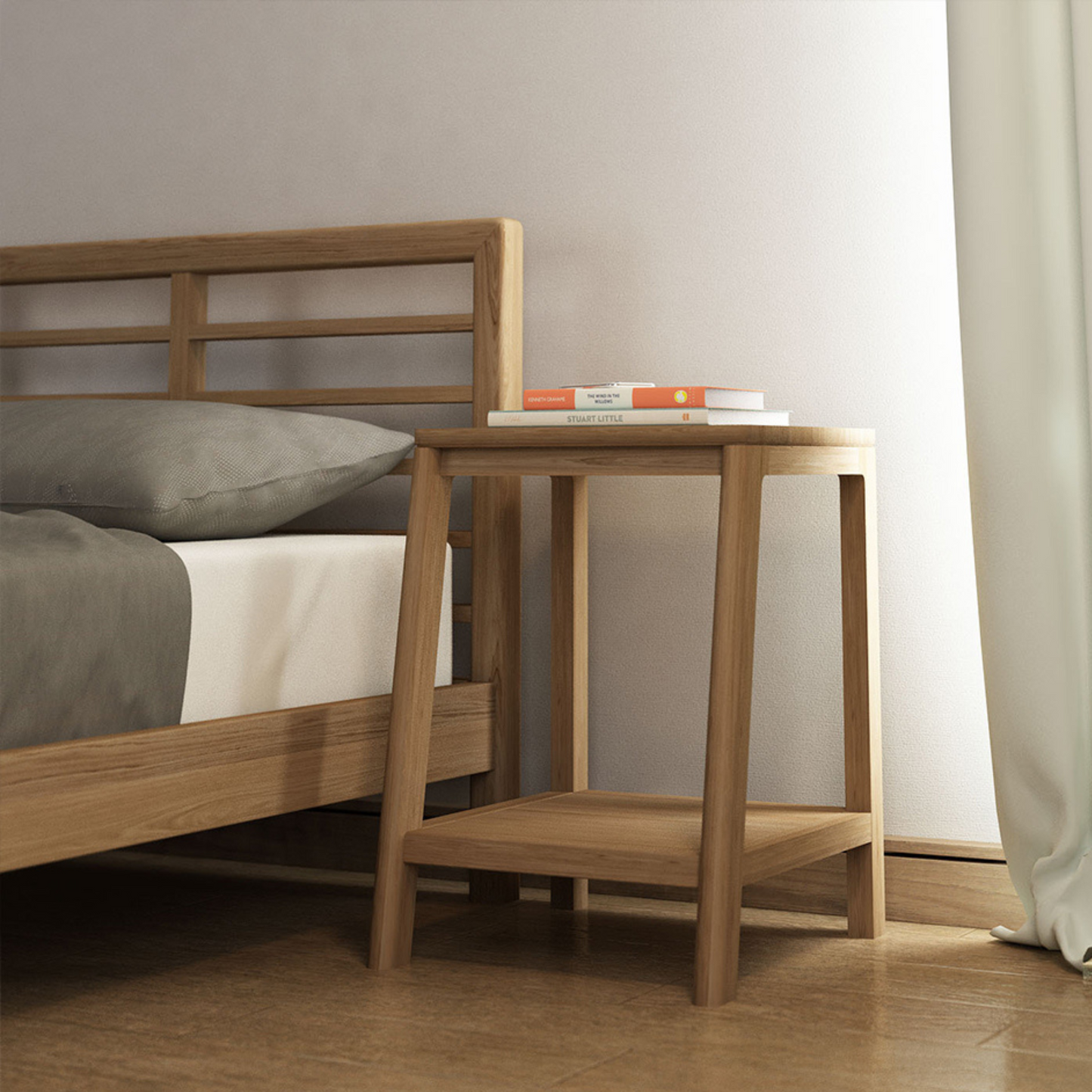 Wooden nightstand with books next to bed