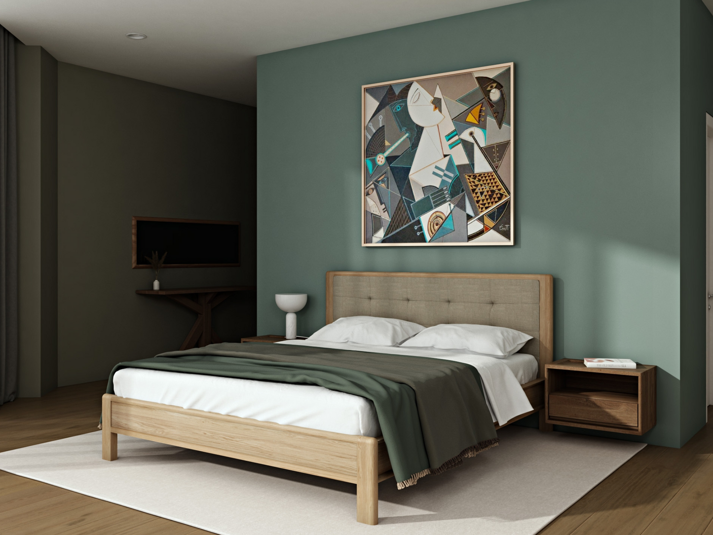 Modern bedroom with bed, artwork, and nightstand.