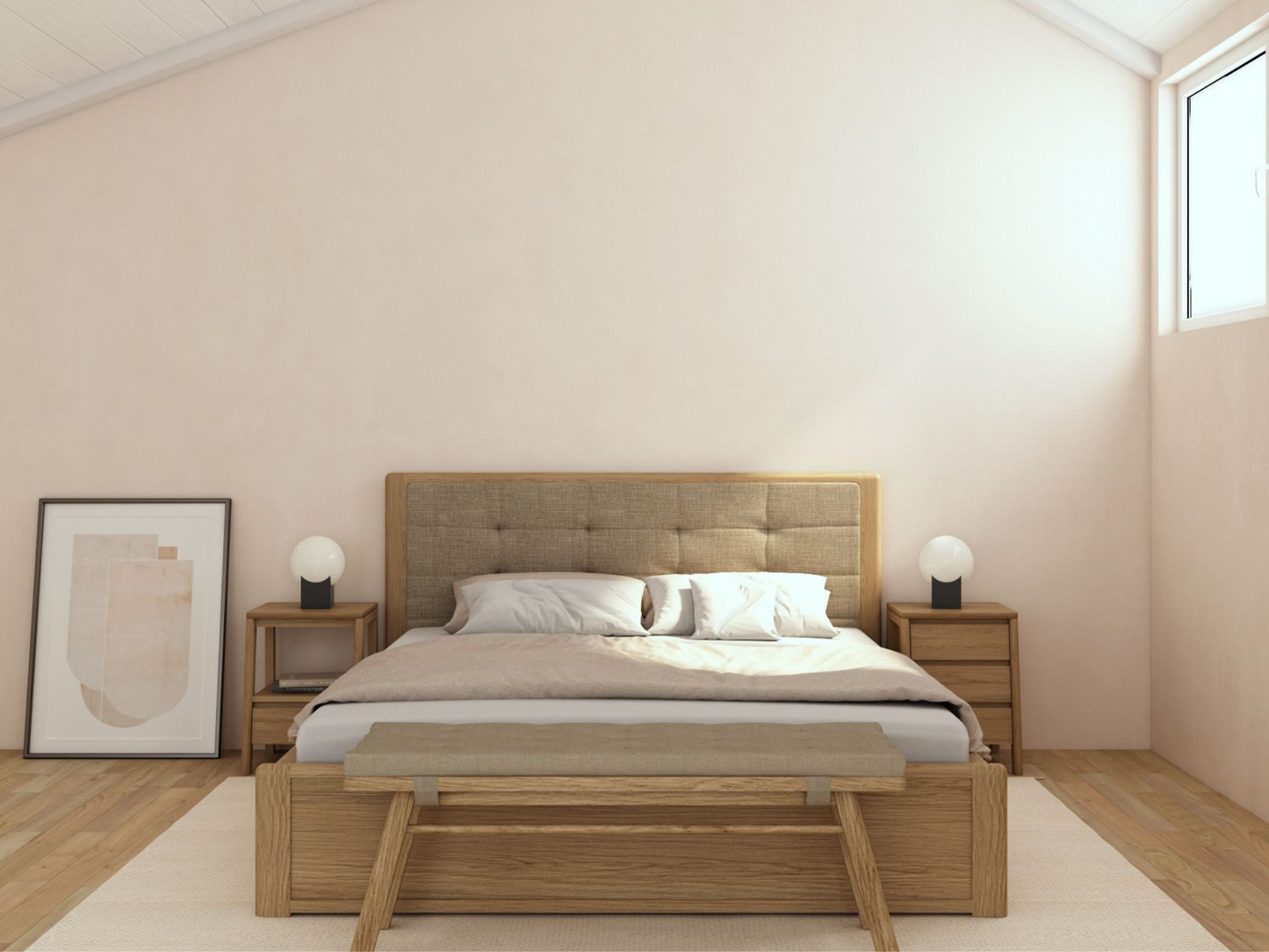Bedroom interior with bed, nightstands, and art
