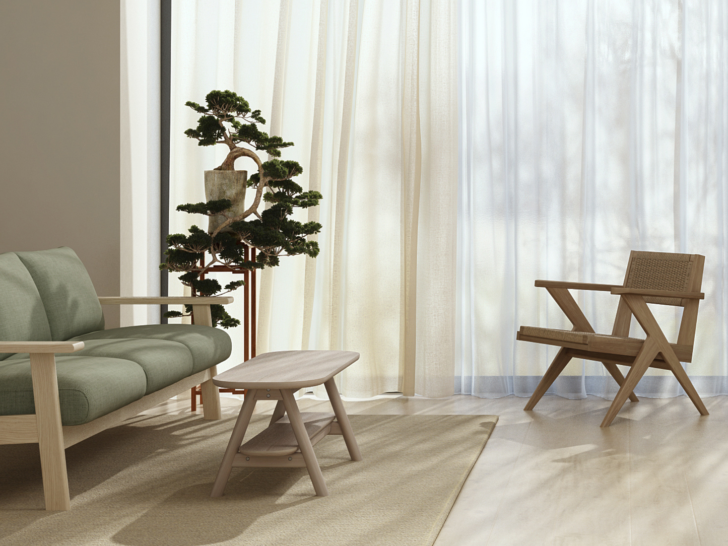 Modern living room with bonsai tree, sofa, and chair