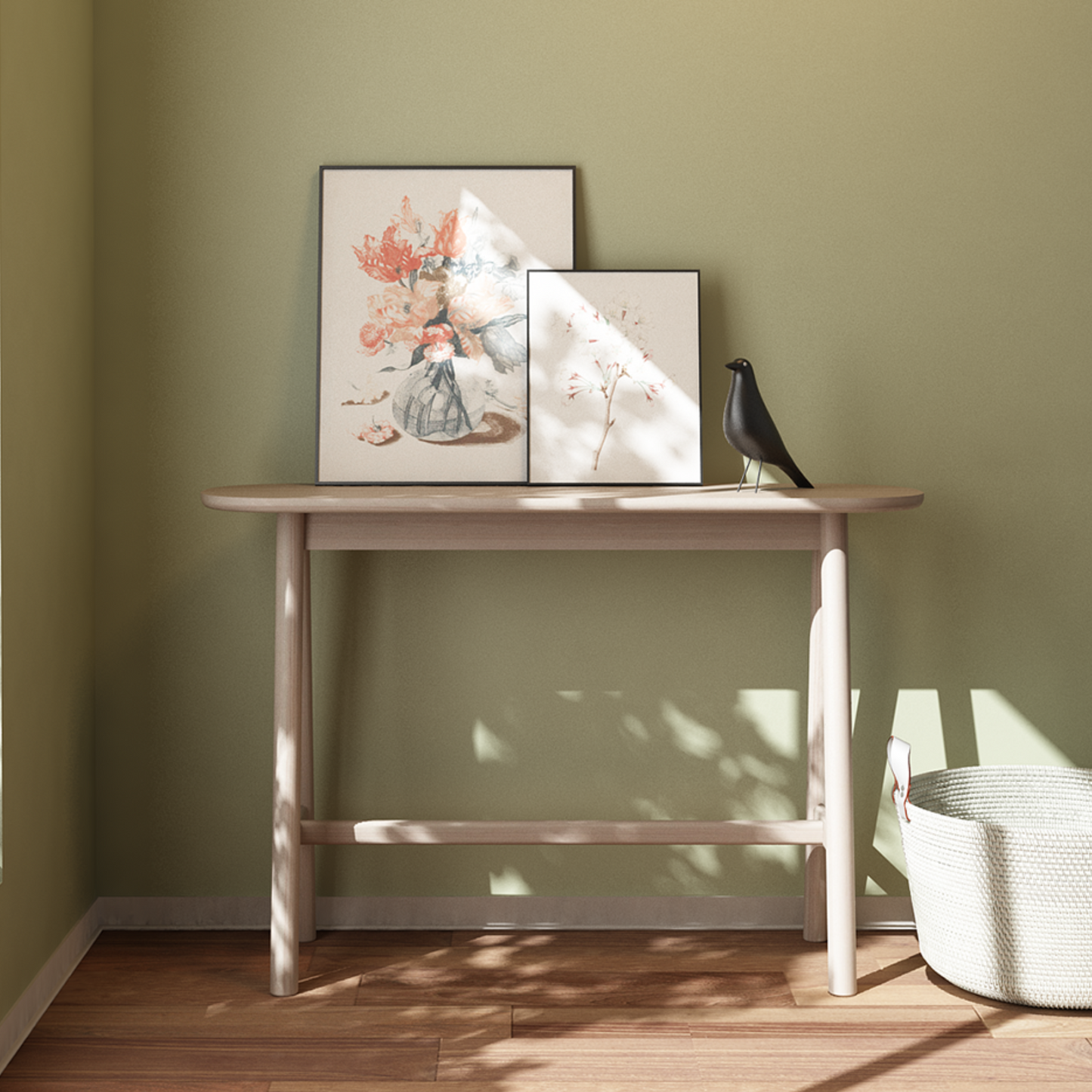 Console table with art and bird decor