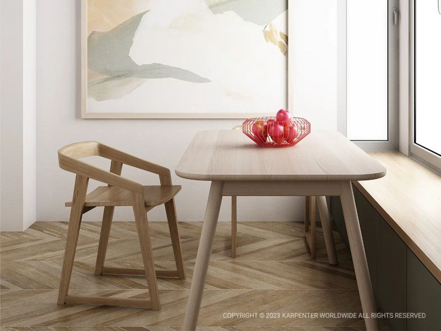 Wooden dining table and chair with fruit bowl