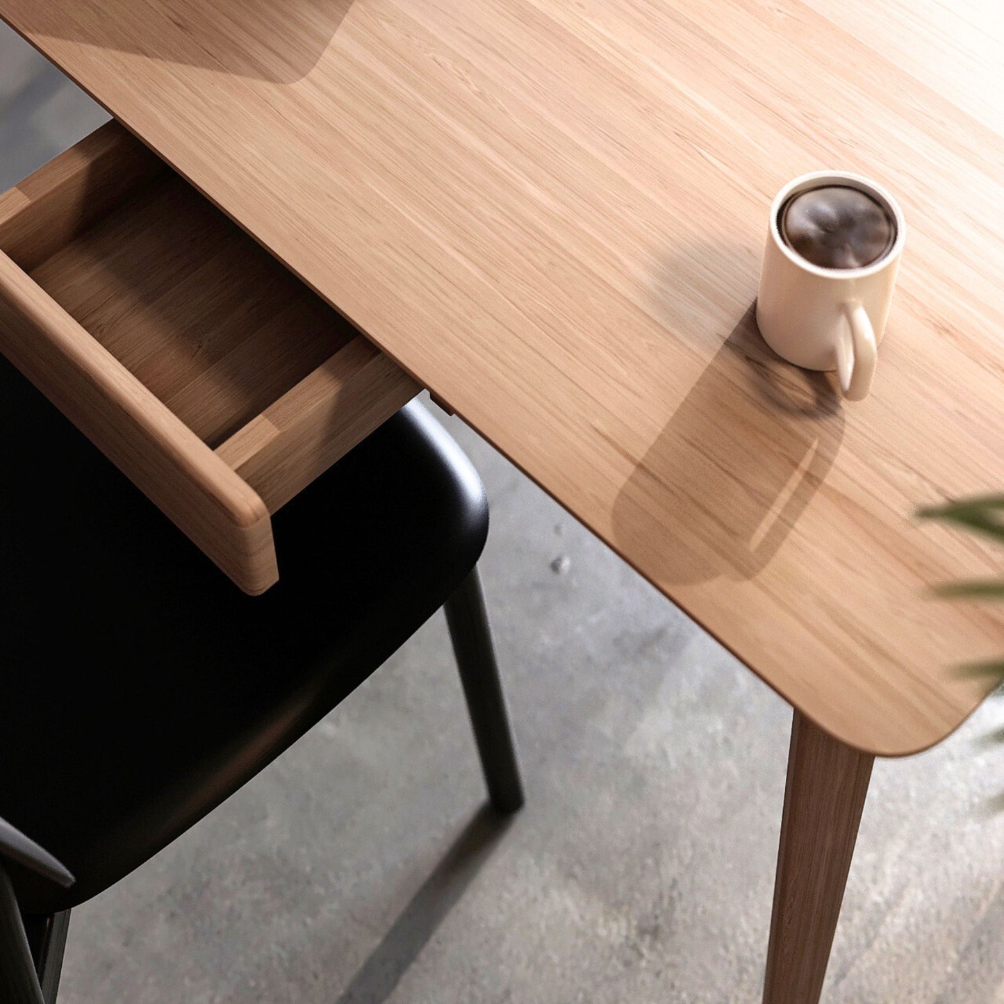 Domani KDM01O wooden desk with open drawer and coffee cup