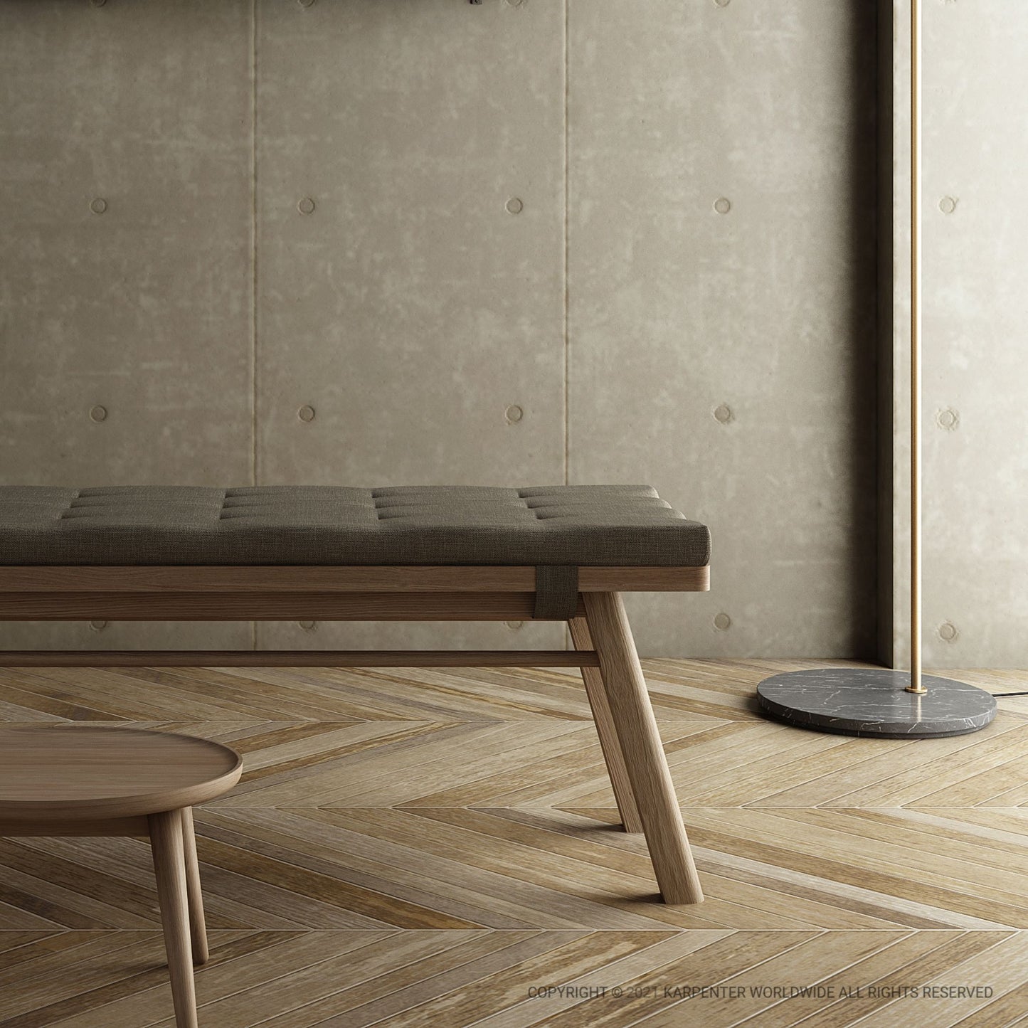 Modern bench and floor lamp in stylish interior.