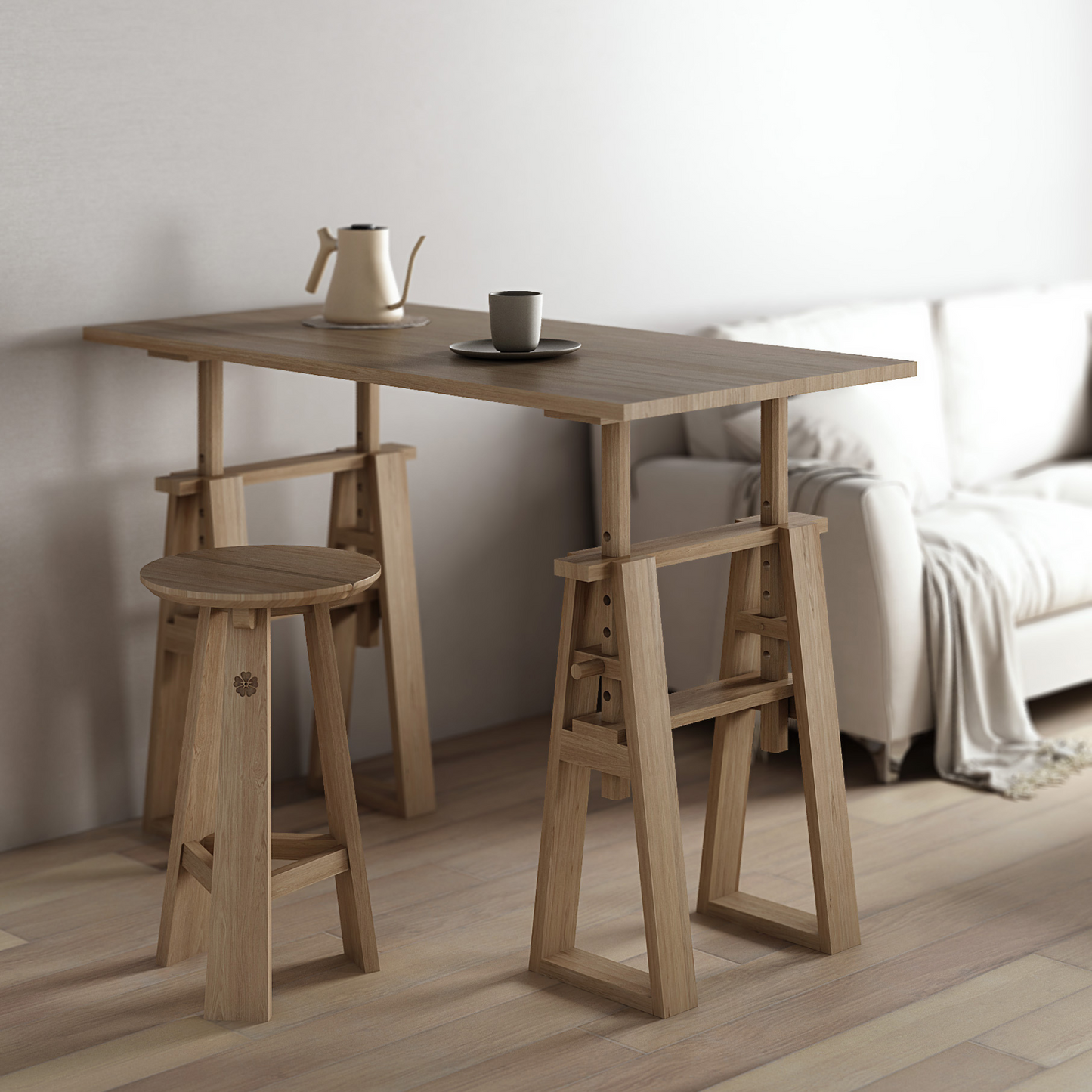 KEA14O_1 - Wooden adjustable table with stool and coffee cup