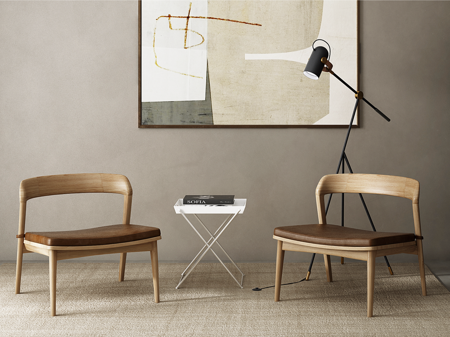 Modern chairs & art in a minimalist living room.