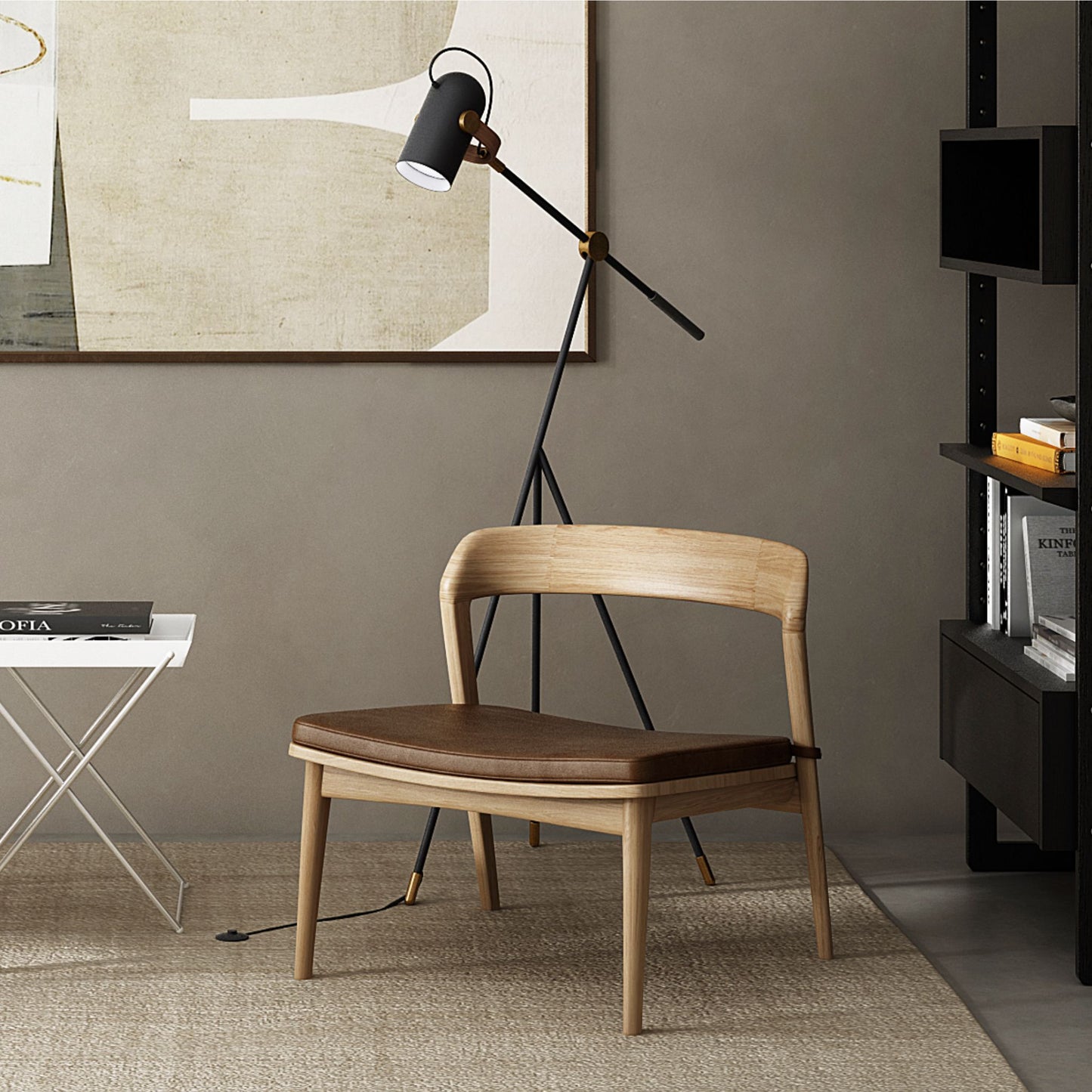 Modern chair with leather seat and floor lamp