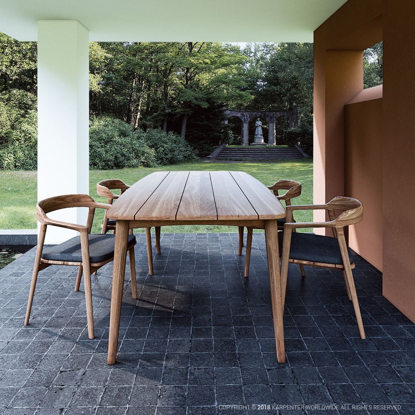 Wooden outdoor dining table & chairs on patio