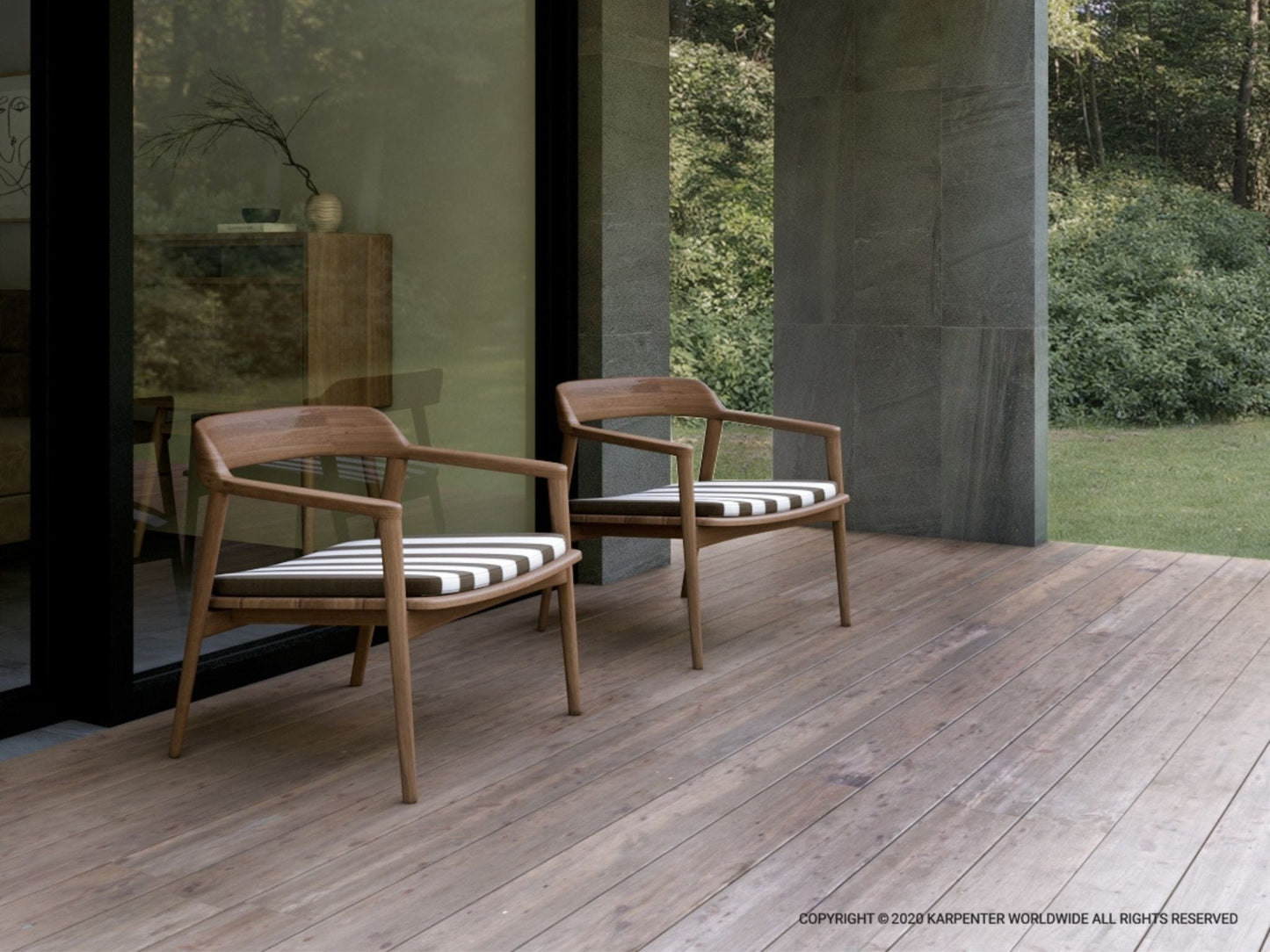 Two wooden chairs on a deck
