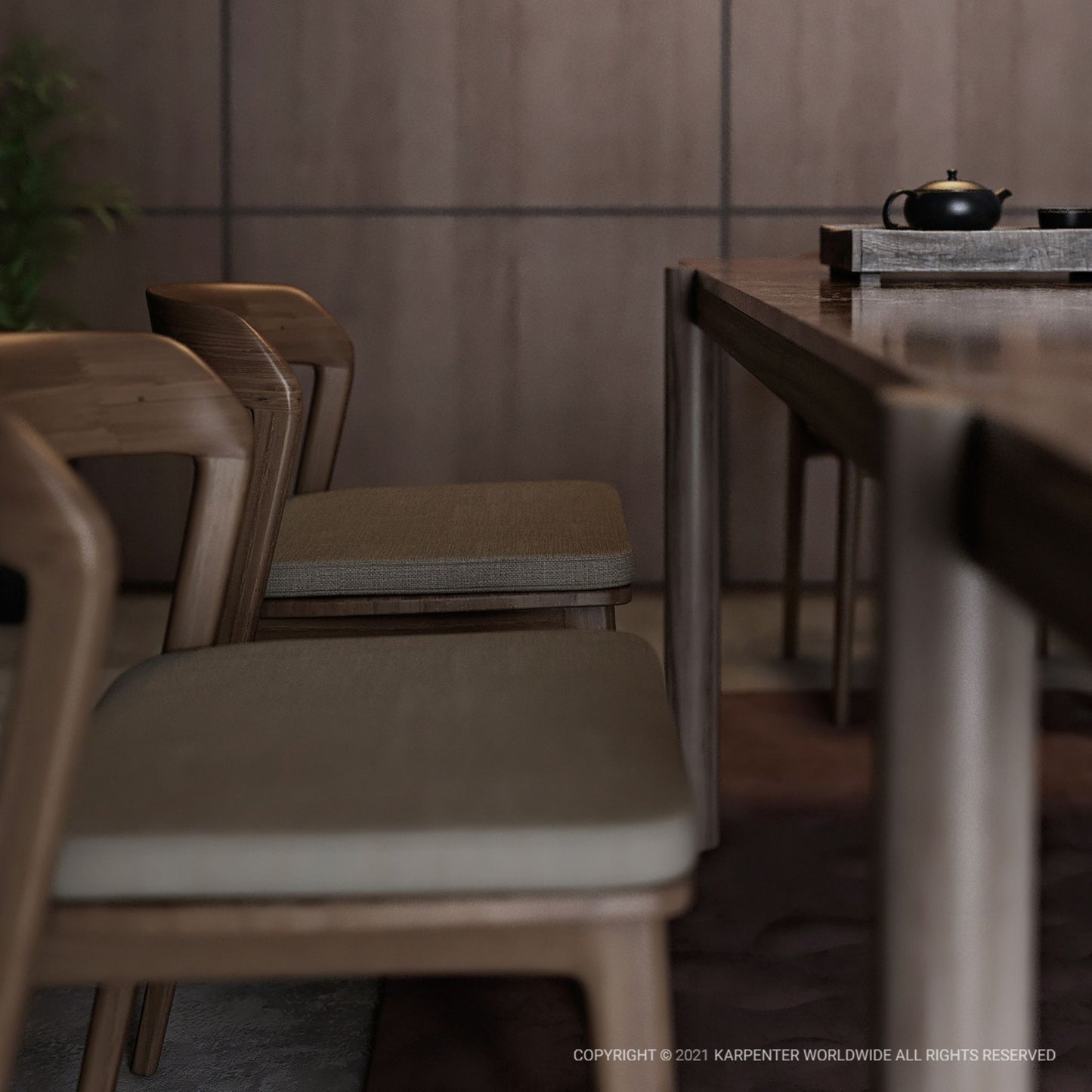 Wooden chairs and table in a minimalist interior.