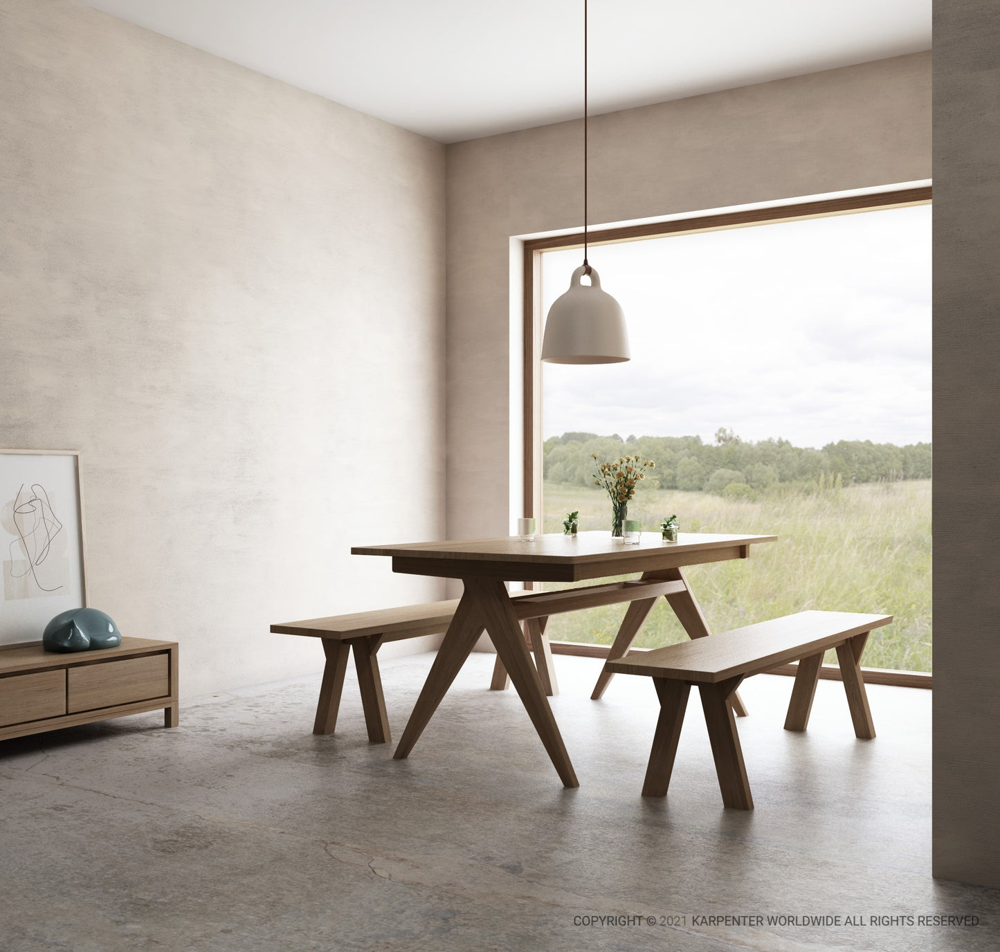 Modern dining table and bench set in minimalist room