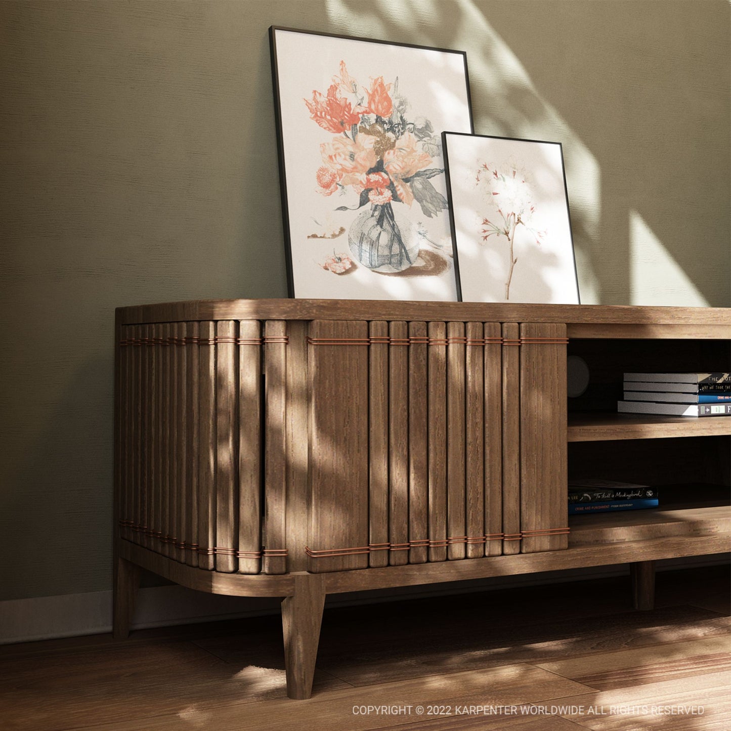 wooden cabinet with art prints