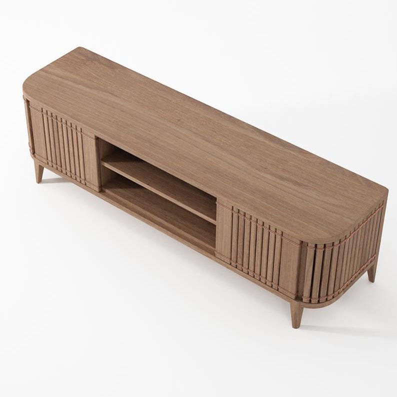 Wooden TV stand with slatted doors and open shelves.