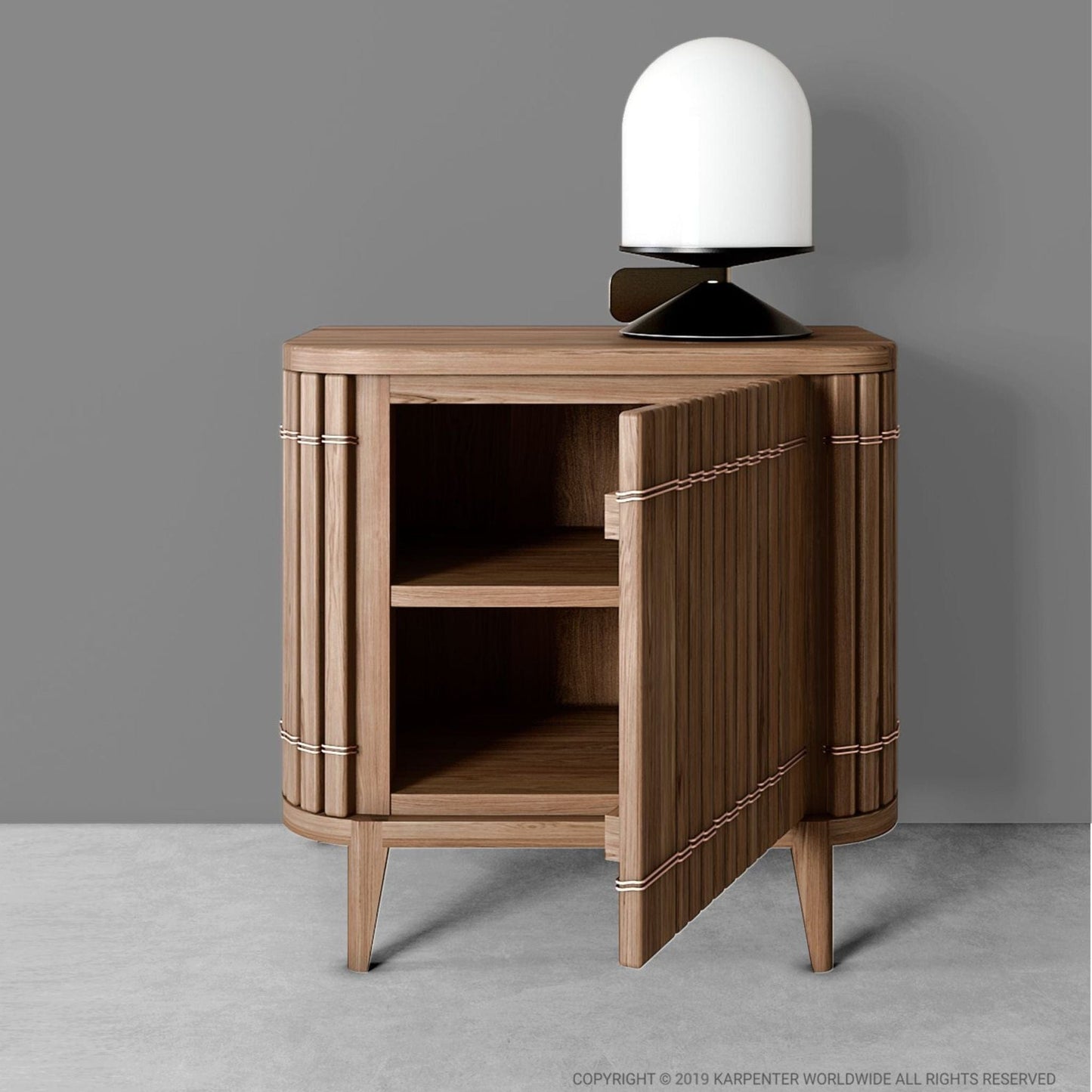 KKP04LO-OPEN wooden cabinet with open door and lamp.