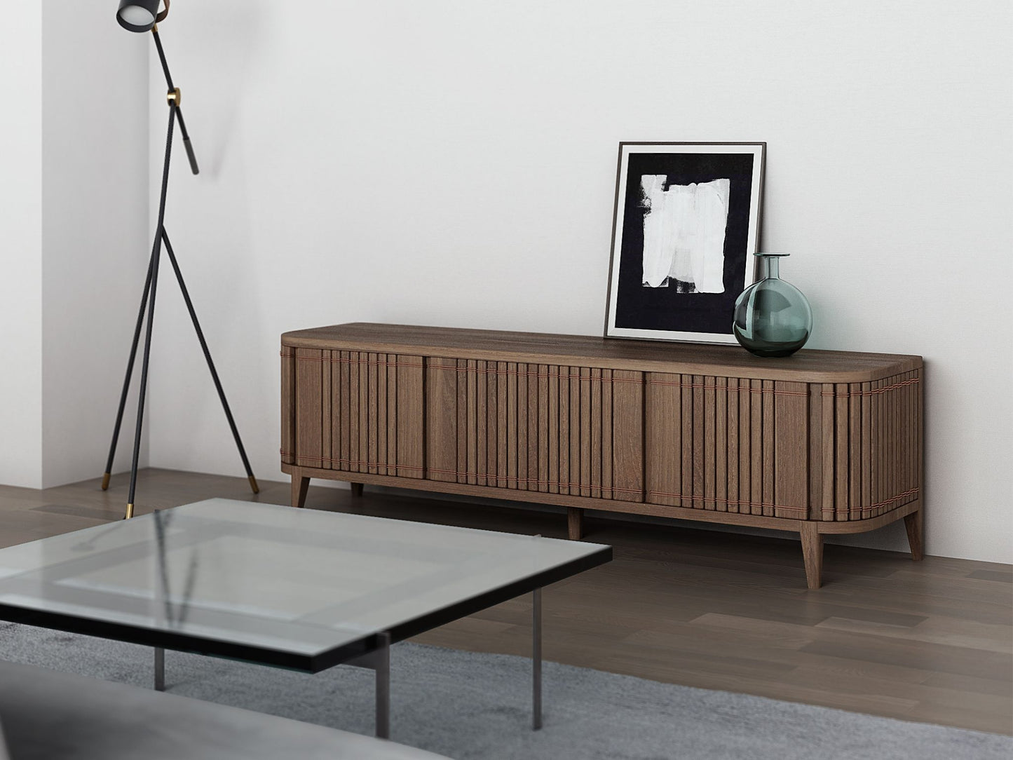 KKP05T wooden TV stand with artwork and decor