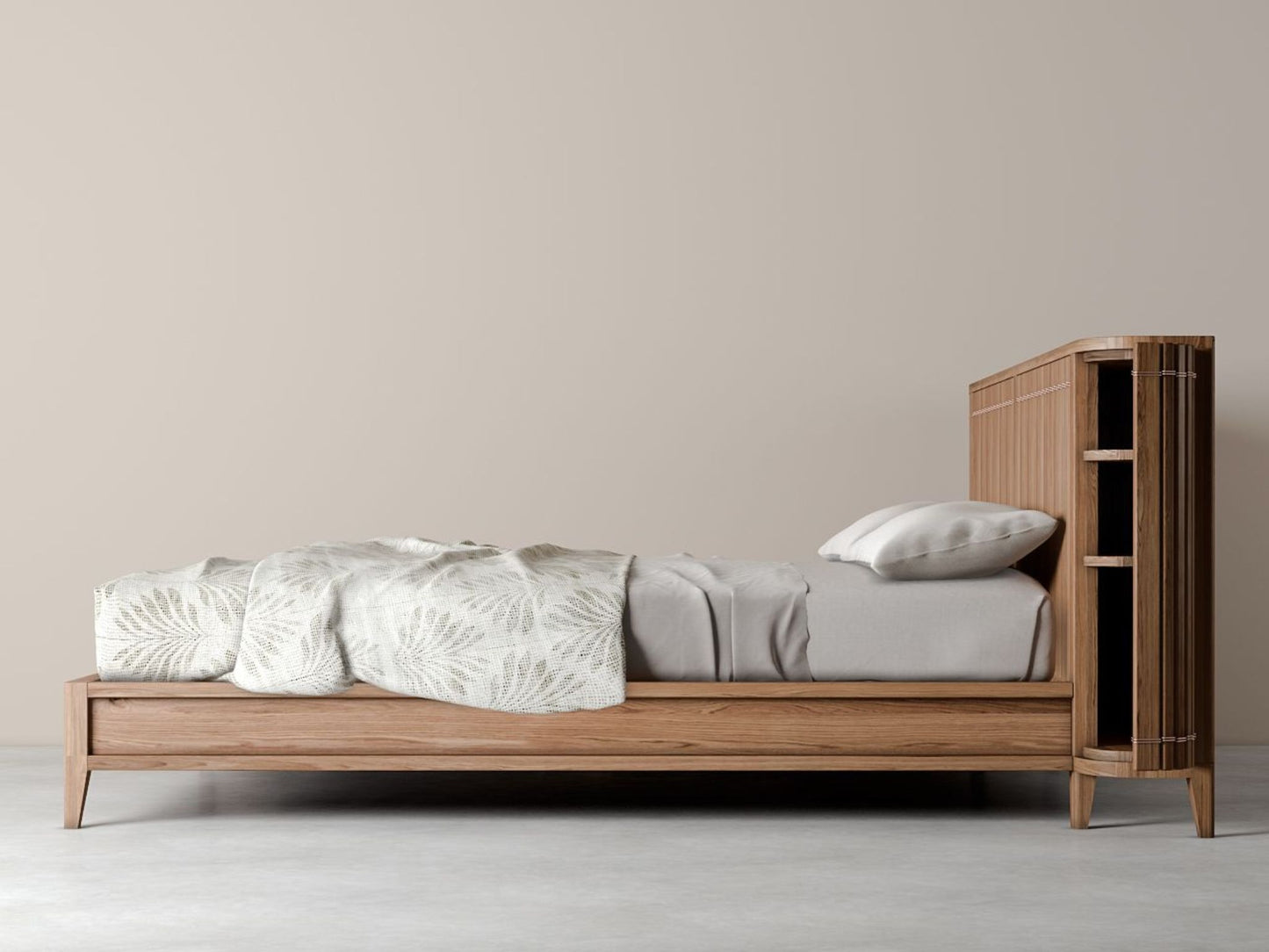 KKP11O Wooden bed frame with linen bedding