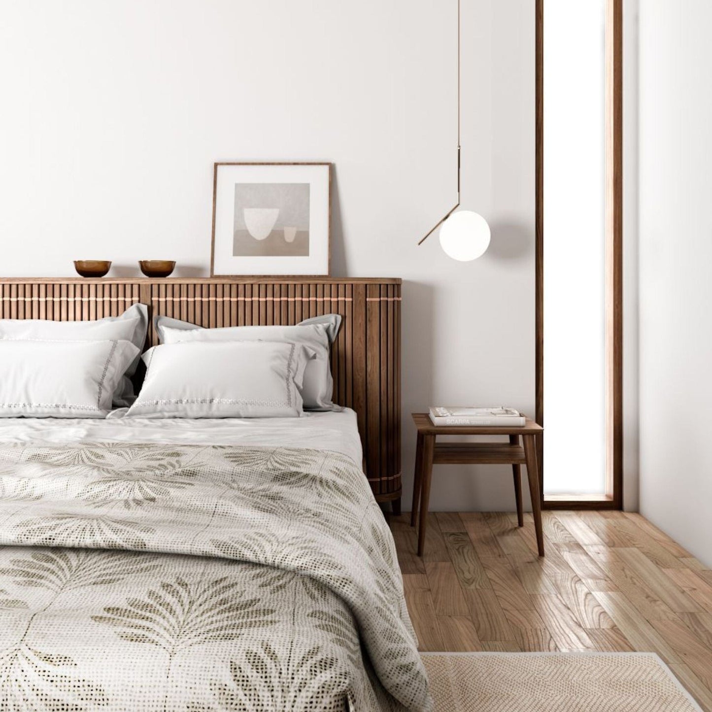 KKP14T bedroom interior with white bedding, wood headboard and pendant light.