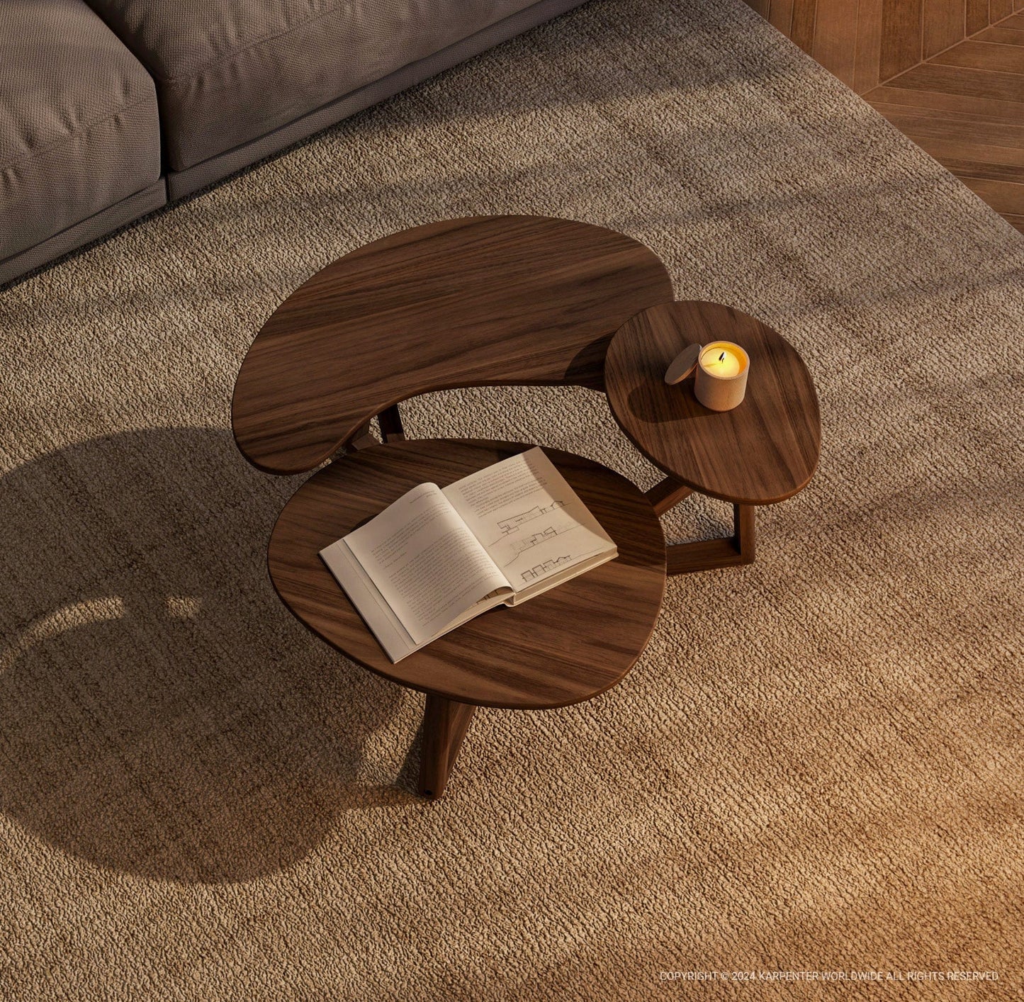 Modern wooden coffee table with book and candle